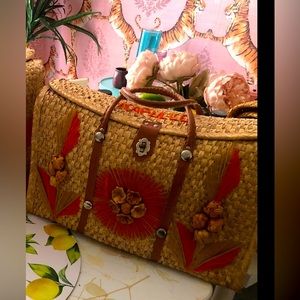 Vintage Ratan 70’s Acapulco Mexican tote orange flowers